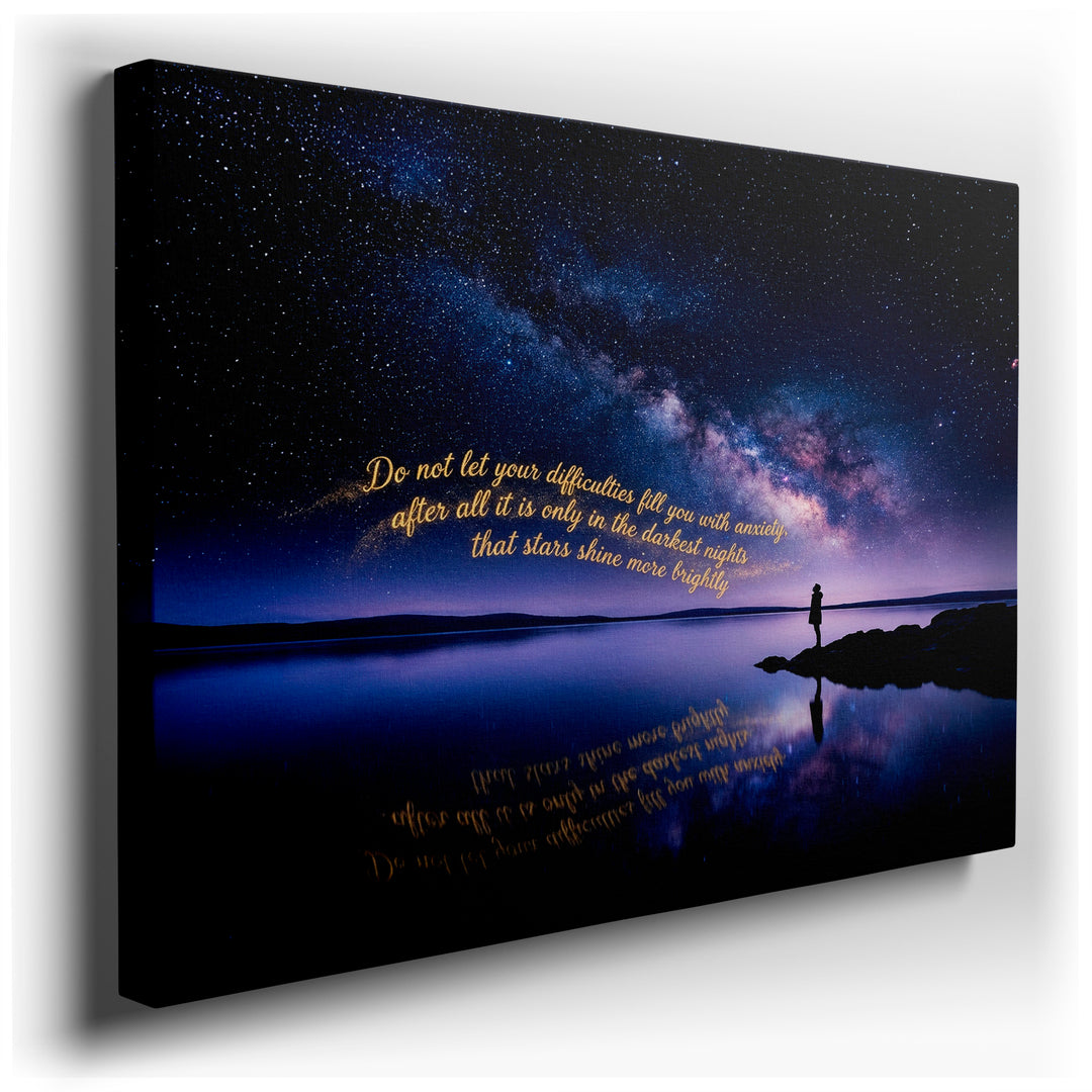 Starry night wall art featuring a reflective lake under a vibrant, star-filled sky with an inspirational quote on a canvas print.