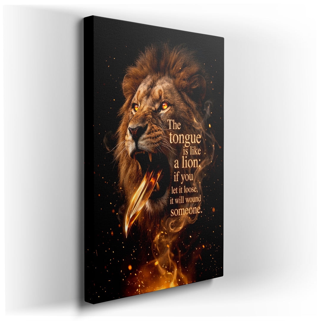 Dramatic wall art of a lion with a sharp tongue resembling a blade, next to a quote about the power of words.