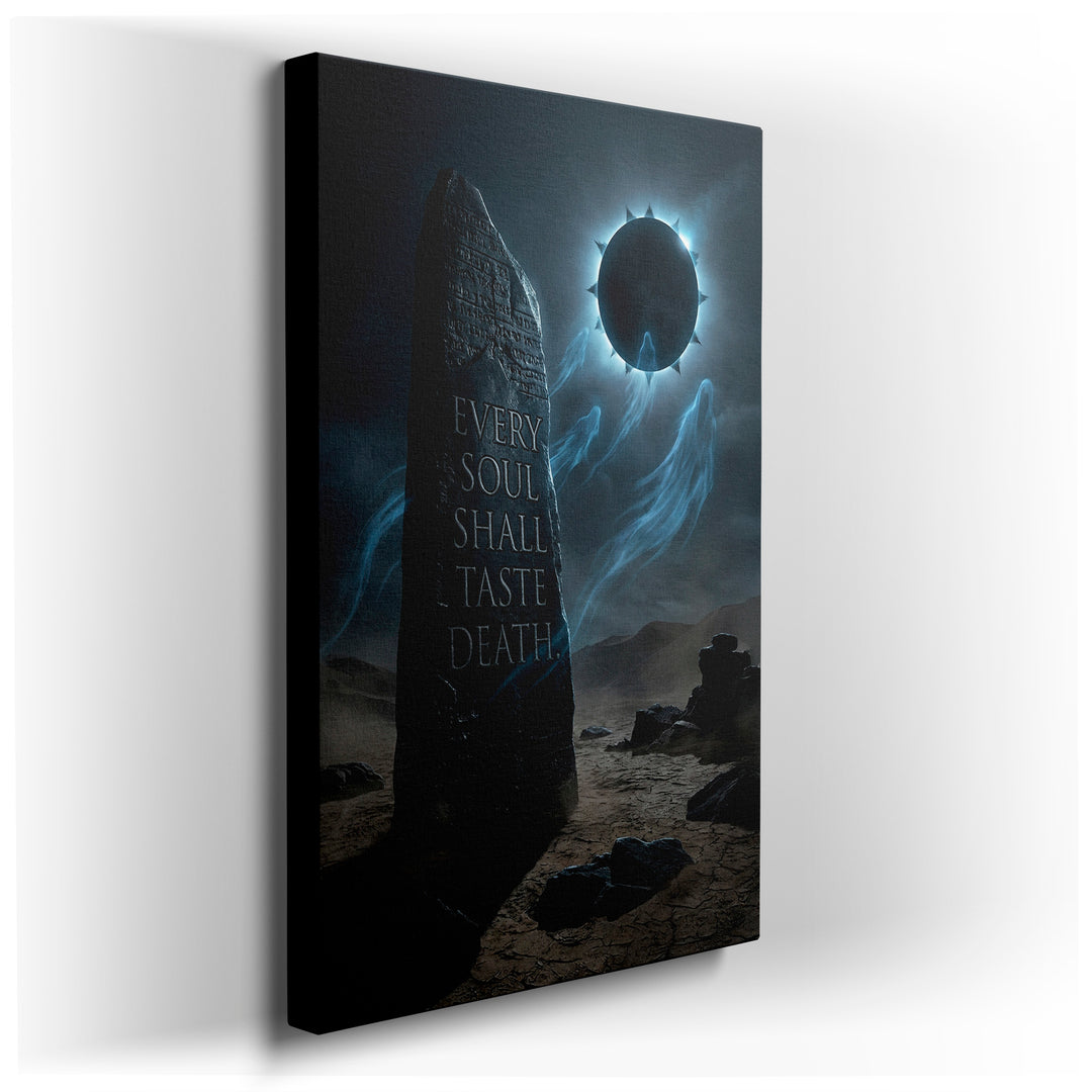 An eerie monolith wall art features the phrase, 'Every Soul Shall Taste Death,' beneath an eclipse and ghostly figures.