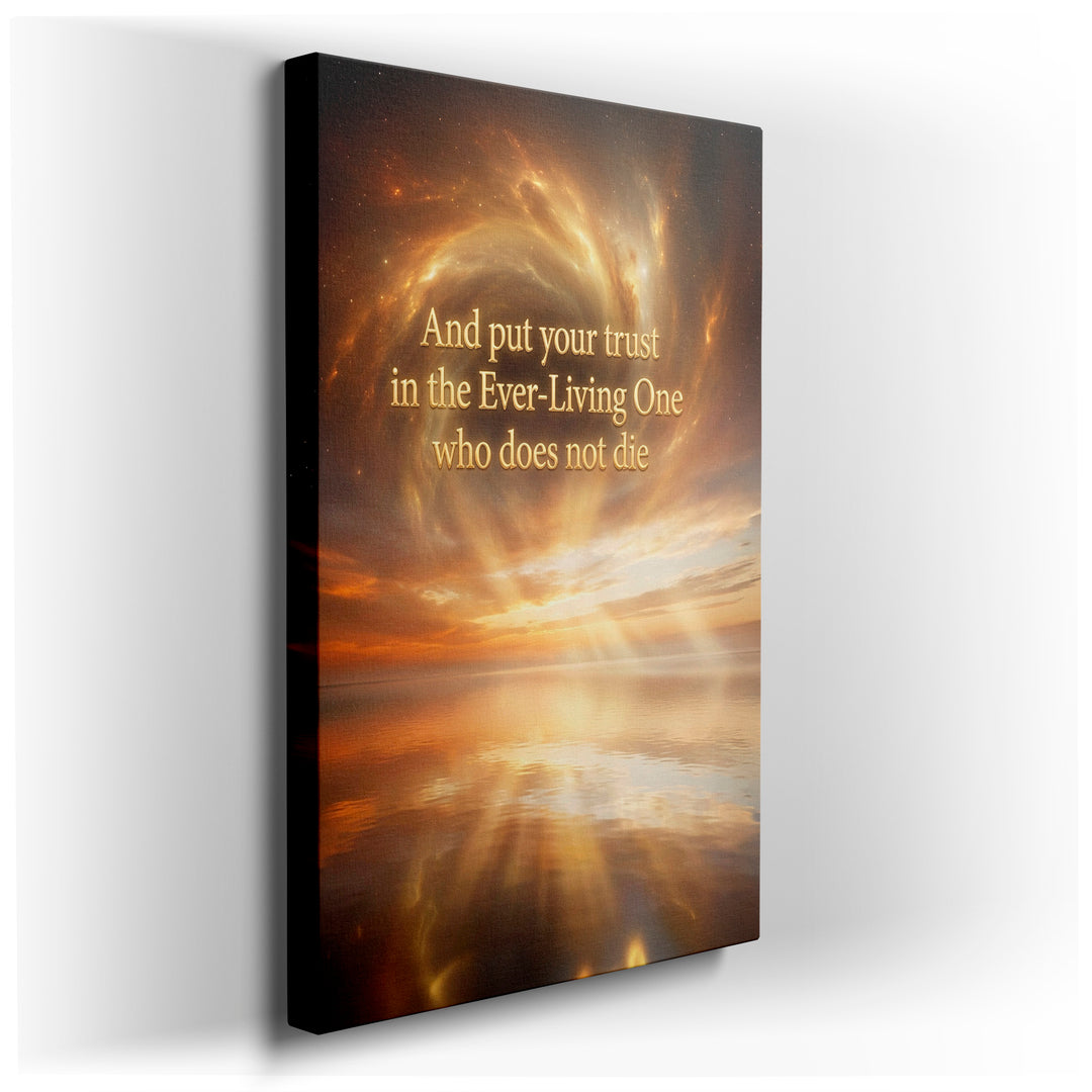 Inspirational wall art displaying 'Trust in the Ever-Living One' against a serene golden sky and reflective water backdrop.