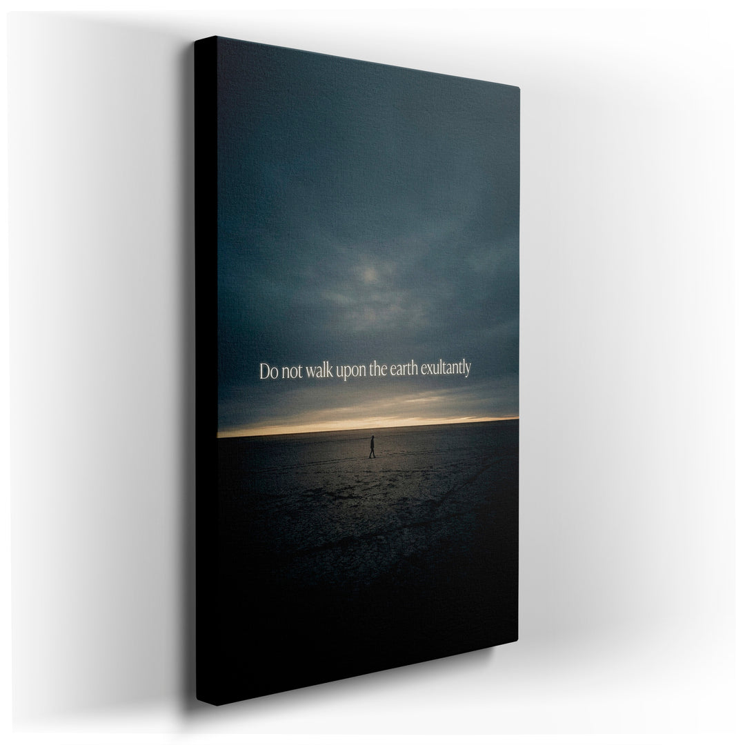 A solitary figure walks a barren landscape under a dramatic sky in this evocative canvas wall art piece.