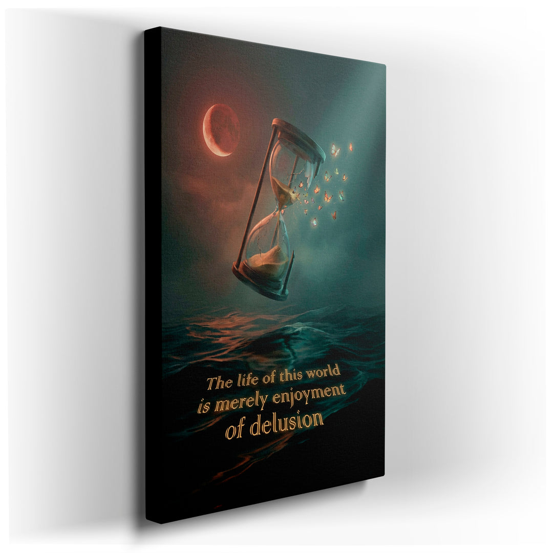 Fantasy wall art: Hourglass releasing butterflies beneath a moonlit sky over ocean waves, a unique home decor canvas print.