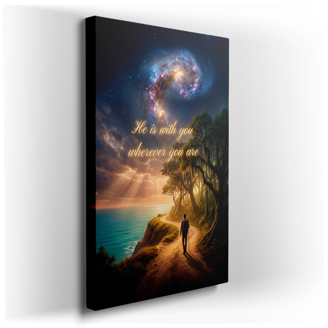 A lone hiker walks a path beneath a nebula sky; inspirational wrapped canvas wall art with a spiritual message.