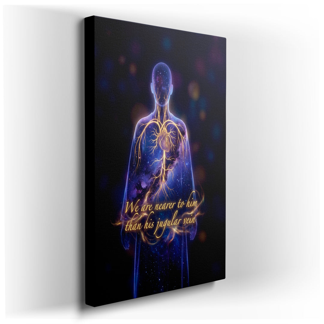 Celestial body wall art: a figure with star-filled outline, golden arteries, and a quote about inner nearness.
