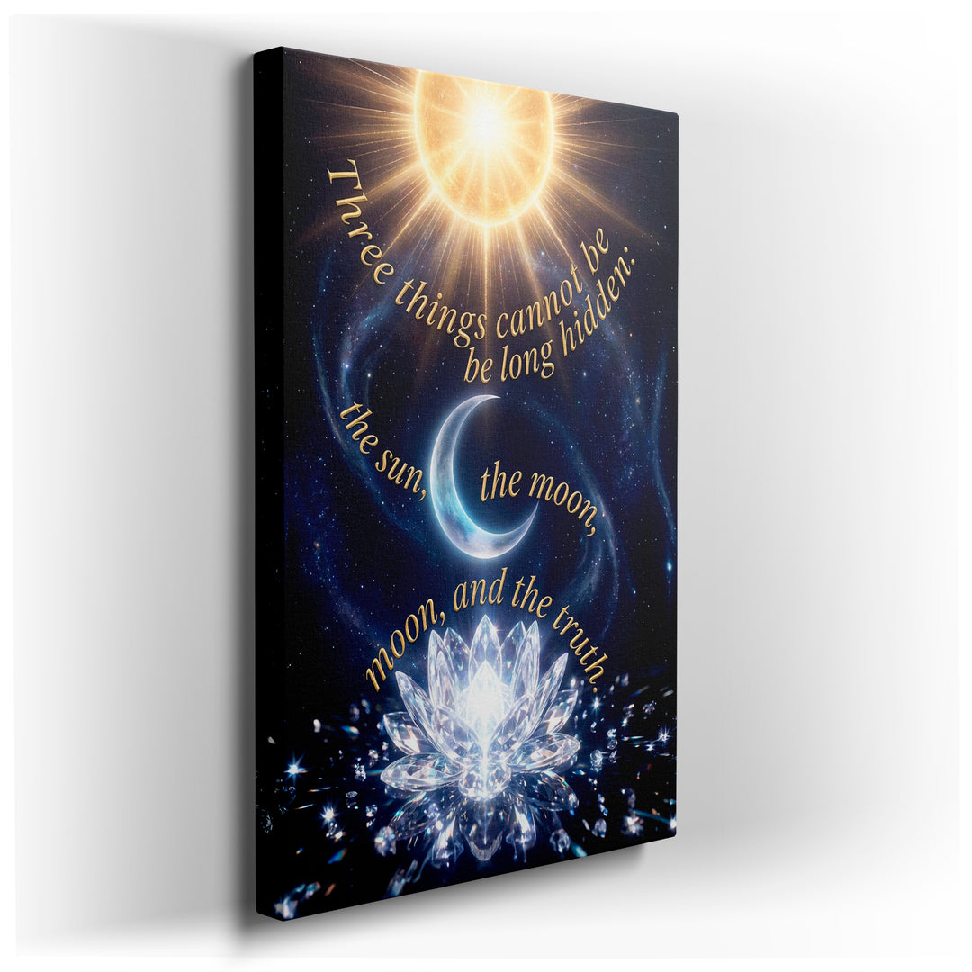 A canvas wall art print featuring a sun, moon, lotus and the quote: 'Three things cannot be long hidden: the sun, the moon, and the truth.'