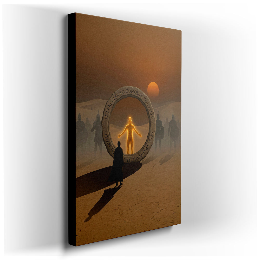 Figure approaches a glowing portal inscribed with 'Conquer Yourself' in a desert, inspiring wall art.