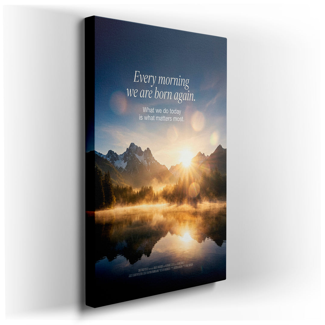 Serene mountain lake at sunrise wall art with inspirational quote reflecting in water, serving as daily motivation.