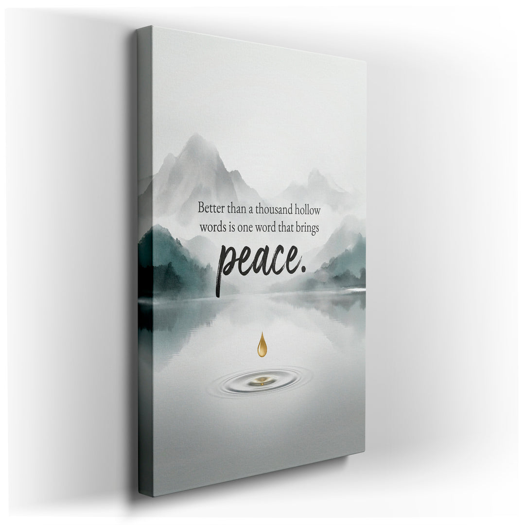 Serene landscape wall art featuring misty mountains, a tranquil lake, and the word 'peace' with a symbolic golden drop.