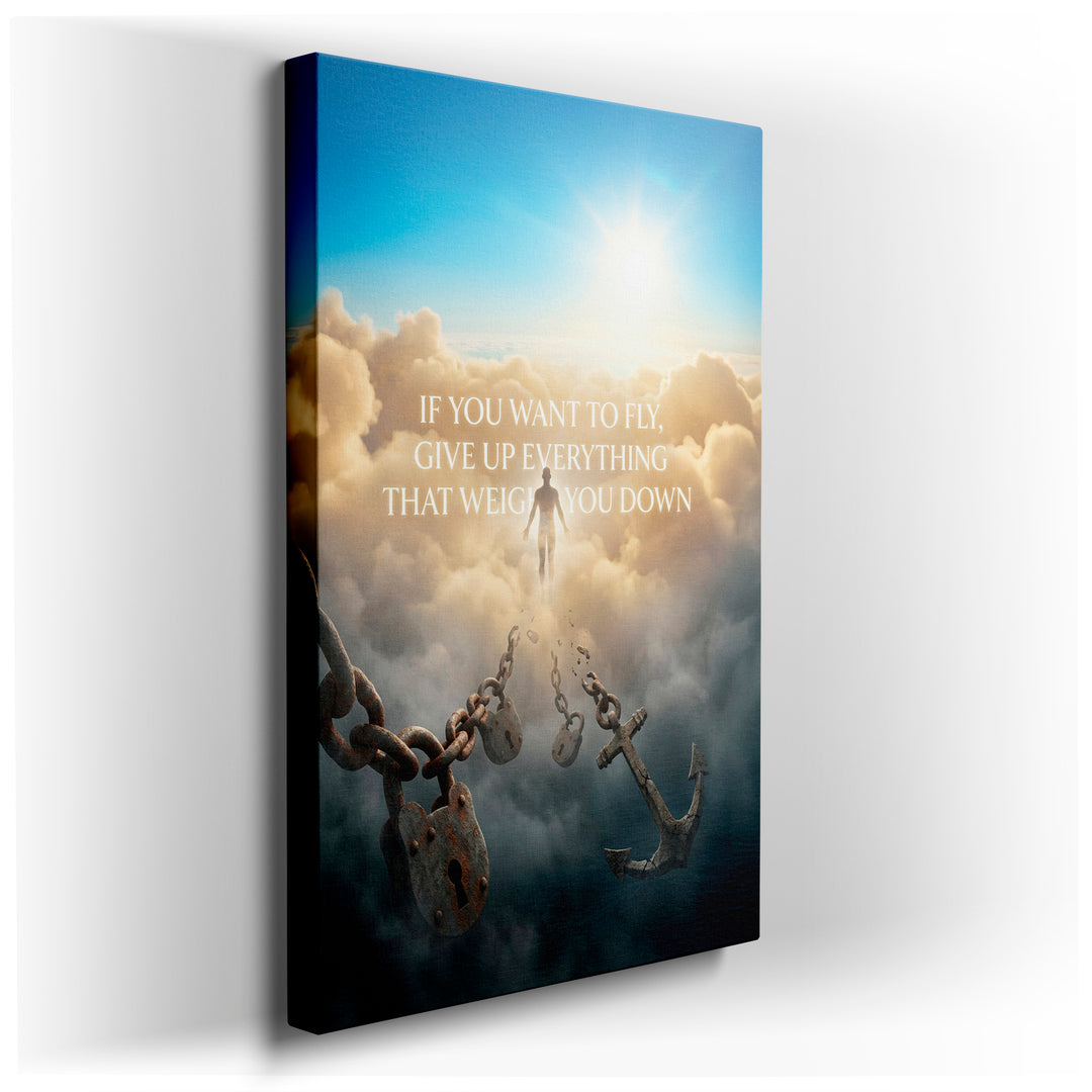 Wall art shows a person emerging from chains, symbolizing freedom and motivational message against a bright sky backdrop.