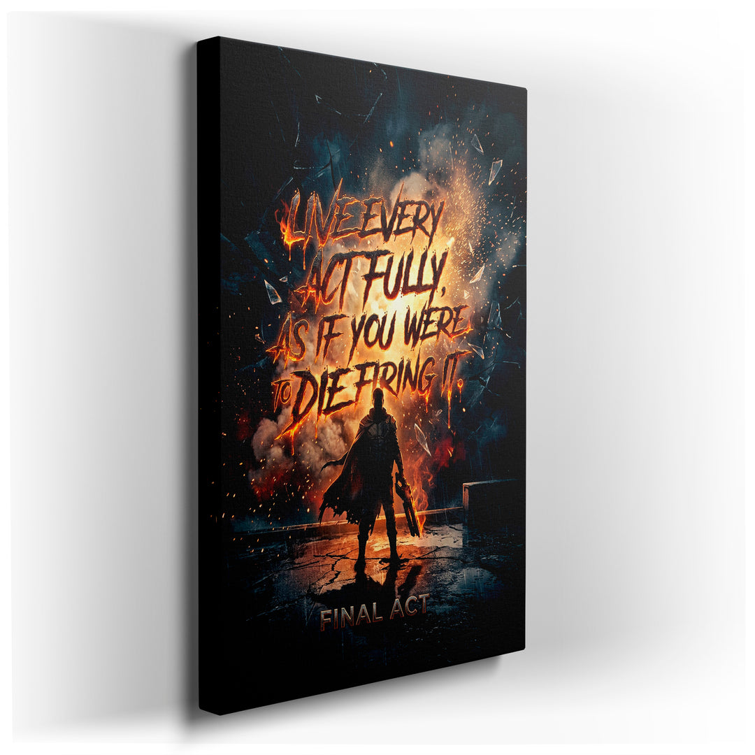 Vigilante Noir wall art: Figure stands amidst fiery chaos and shattered glass, embodying courage and finality.