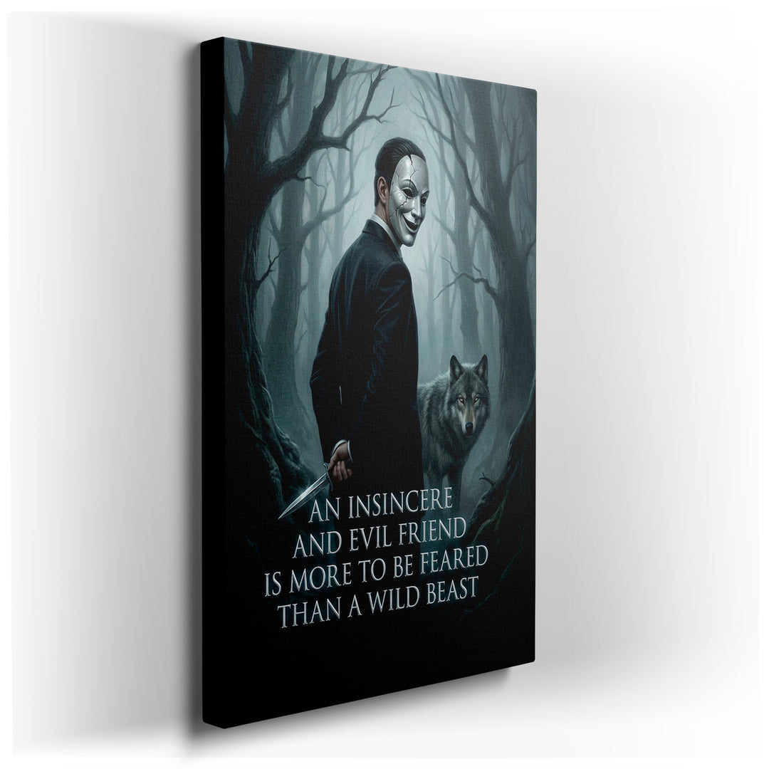 Gothic wall art of a masked figure with a wolf, embodying the proverb of deceptive friendship in a dark, atmospheric forest.