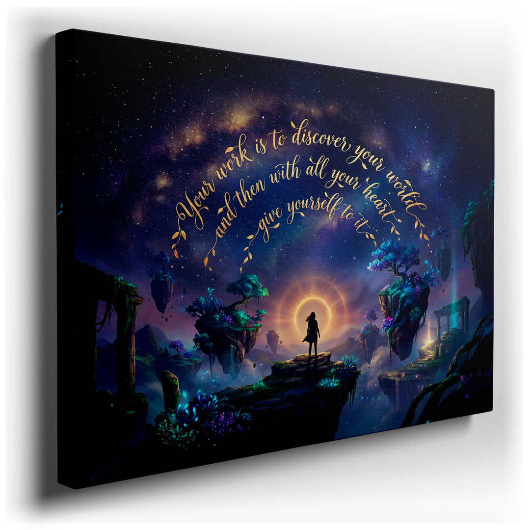 Fantasy landscape wall art featuring a silhouetted figure and inspirational quote, 'Discover your world'.