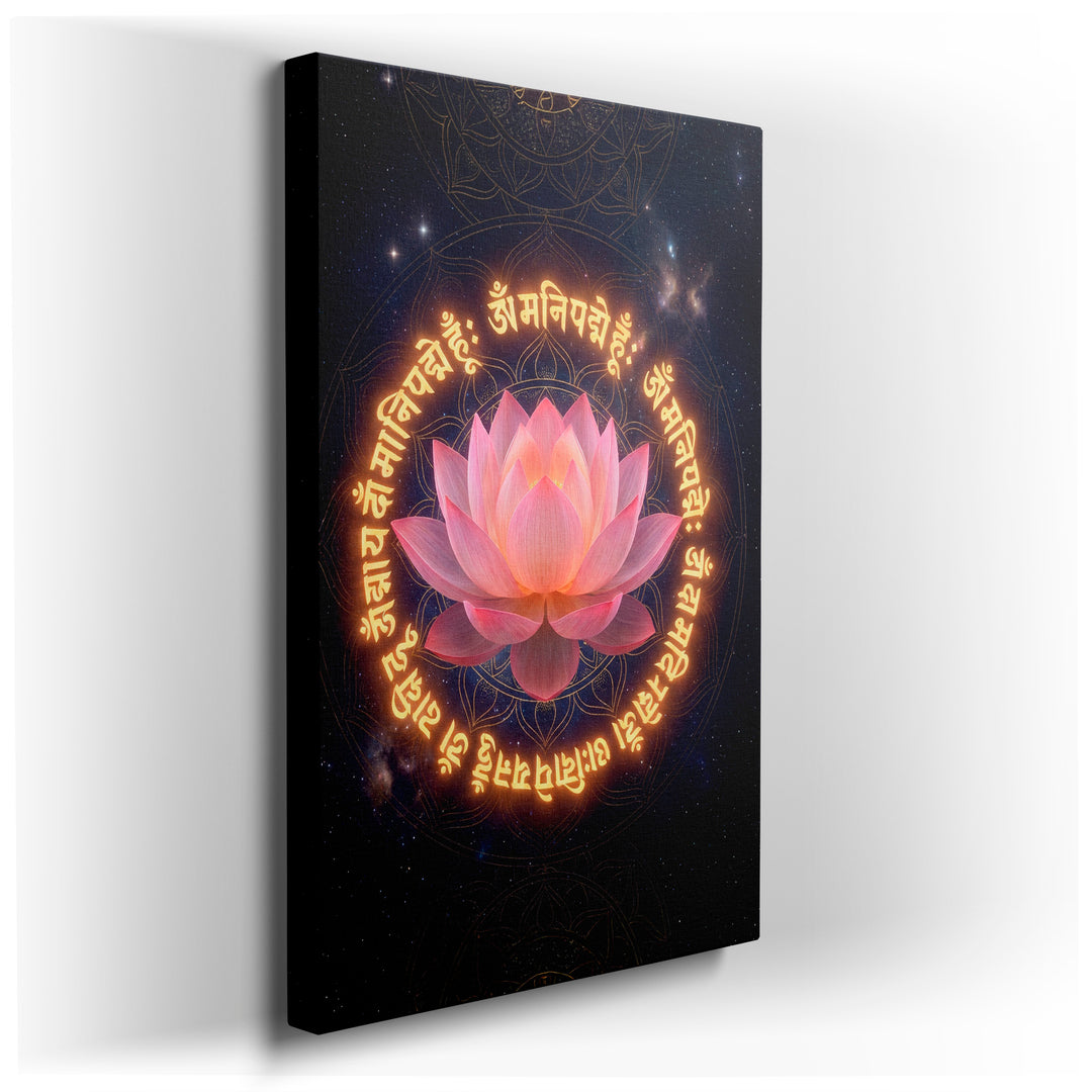 Lotus flower and Sanskrit mantra art featuring a canvas print against a star-filled sky makes serene and spiritual wall art.