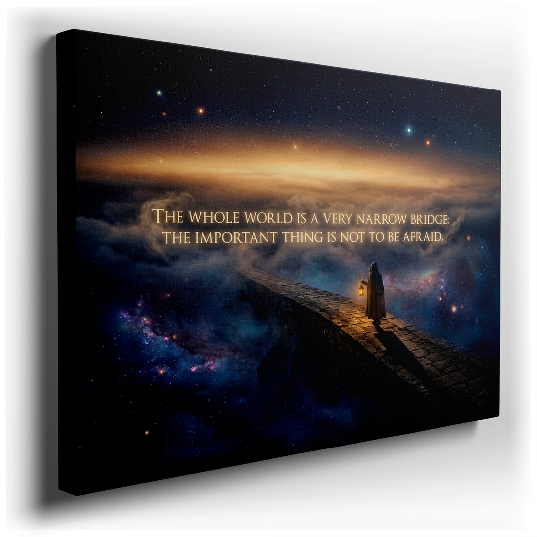 A robed figure walks a narrow stone bridge toward the horizon in this inspiring wall art piece.