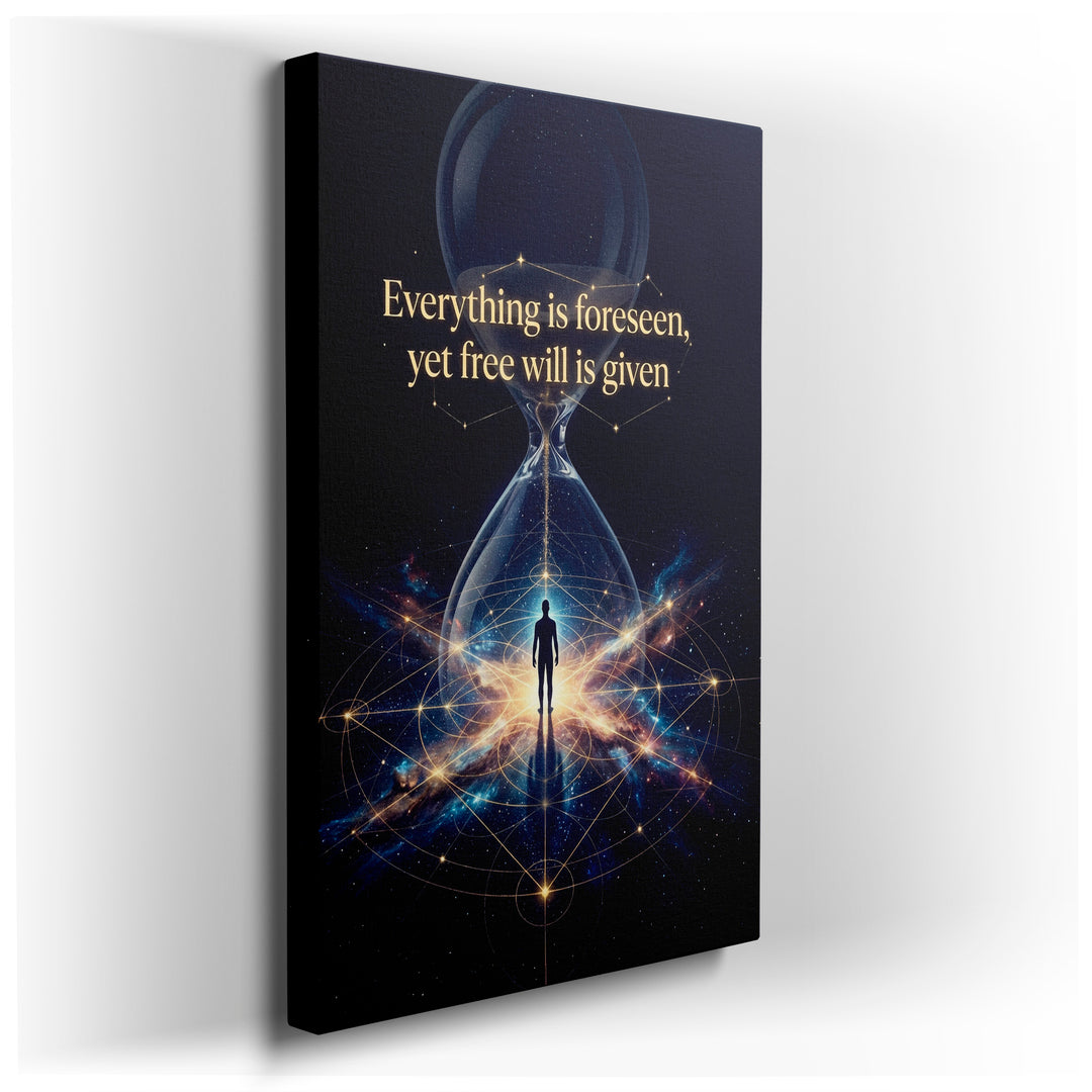 Cosmic hourglass wall art with 'Everything is foreseen' quote, showing a silhouette against a starry background.