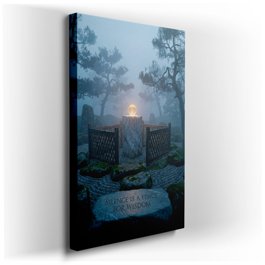 Zen garden wall art featuring a glowing orb, stone with inscription, and calming, foggy atmosphere for peaceful wall decor.