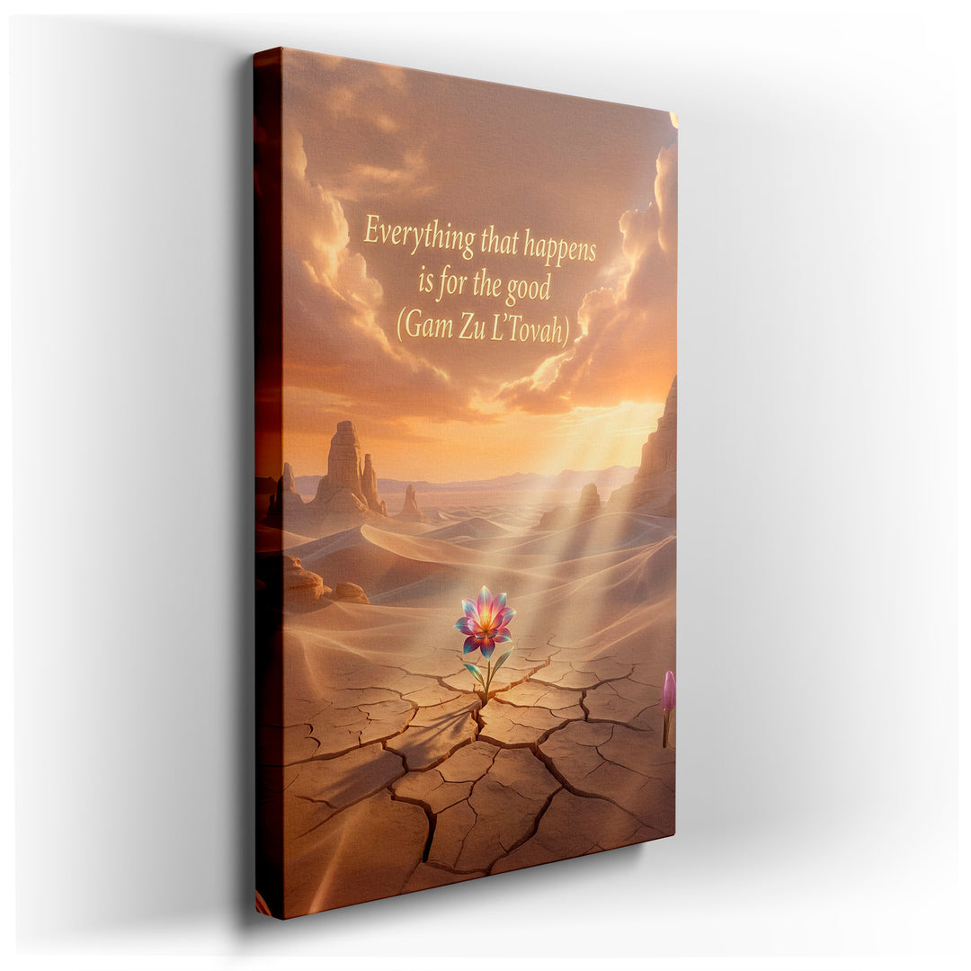 A single flower blooms in a cracked desert landscape; inspirational canvas wall art. Golden sky, message: 'Everything that happens is for the good'.