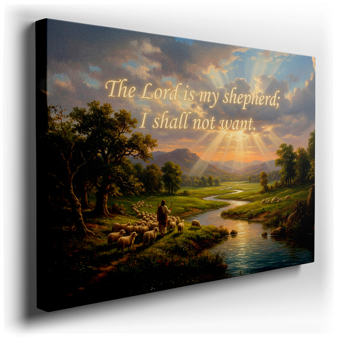A pastoral scene depicts a shepherd with his flock, conveying a message of faith as comforting Wrapped Canvas wall art.