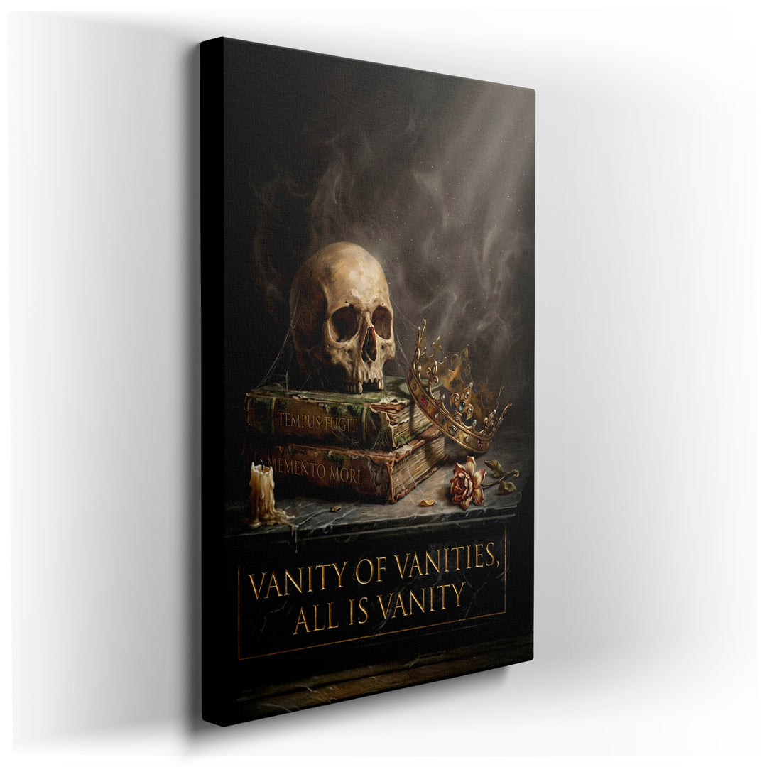 Gothic wall art displaying a skull, jeweled crown, antique books, and a rose, representing themes of vanity and mortality.