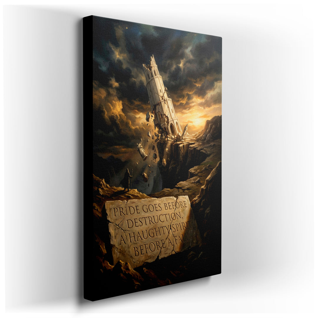 Fantasy wall art depicts a crumbling tower and a figure on a cliffside, conveying themes of pride and destruction.