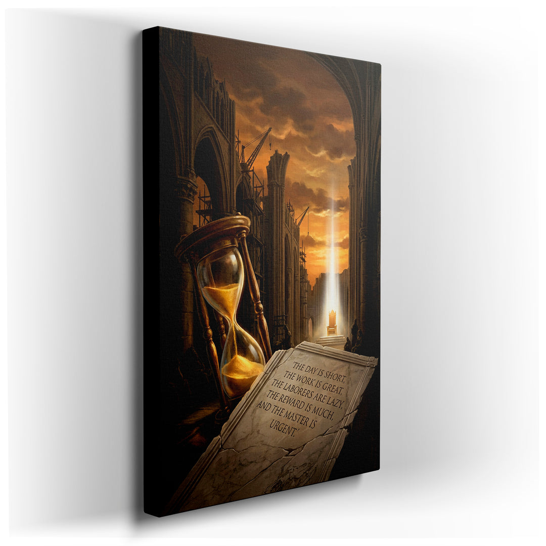Detailed wall art showing an hourglass against a cathedral being built, blending gothic elements and time symbolism in a powerful visual.