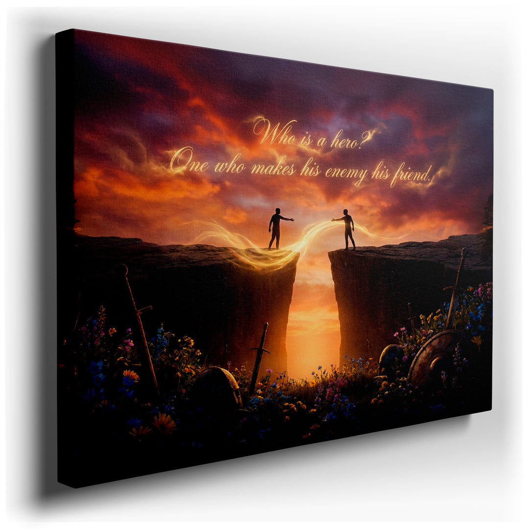 Fantasy wall art featuring two figures bridging a gap with light, symbolizing friendship; ideal for home wall decor.