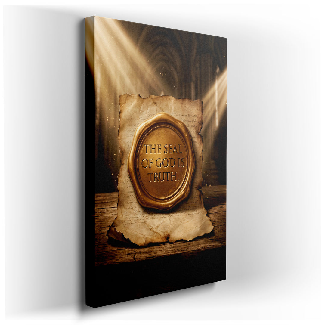 Detailed canvas wall art showcasing a golden seal reading 'The Seal of God is Truth' on aged parchment.