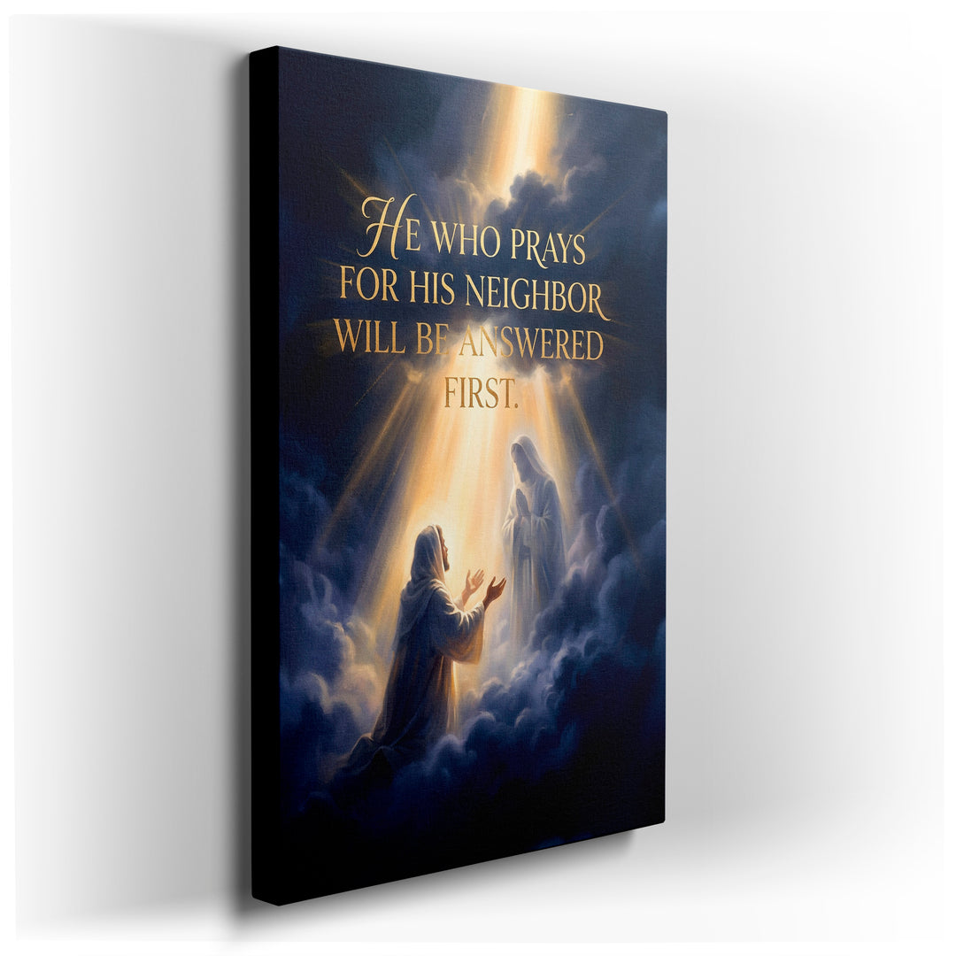 Inspirational canvas wall art featuring figures in prayer under golden light, serving as meaningful religious wall decor.