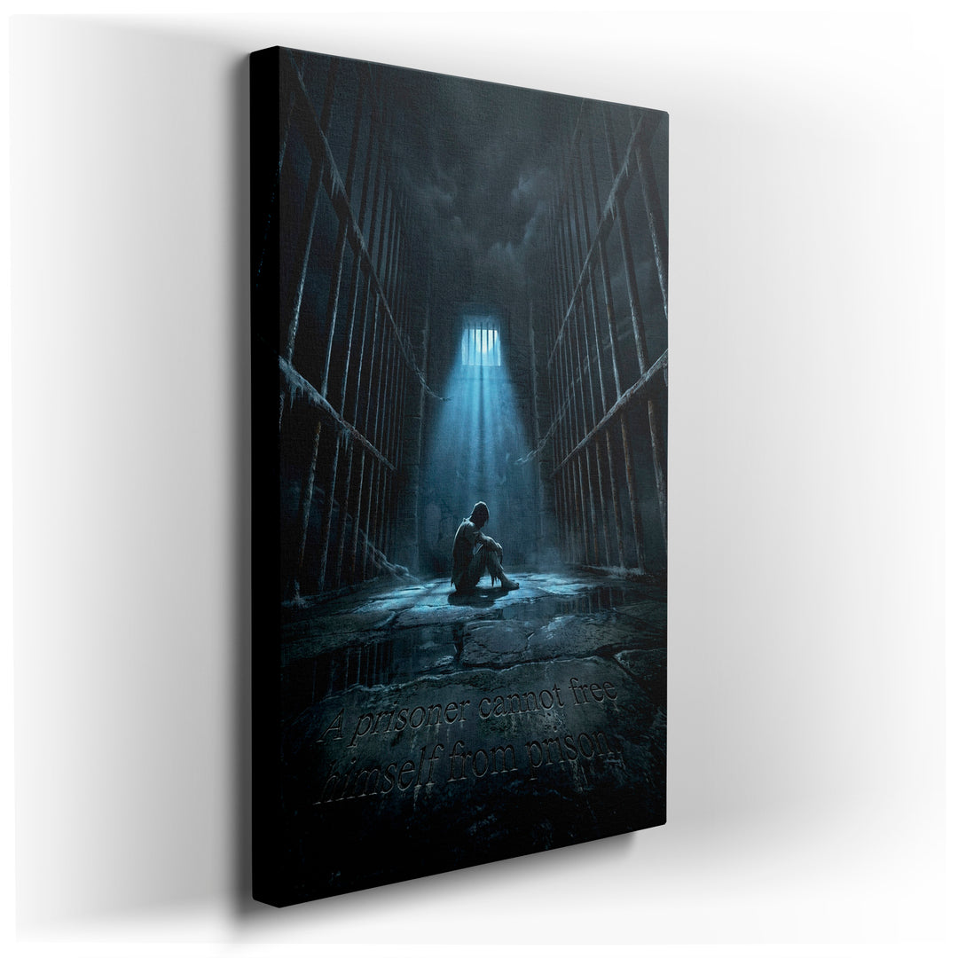 A somber wall art piece depicting a lone prisoner in a gothic prison, bathed in a single ray of light.