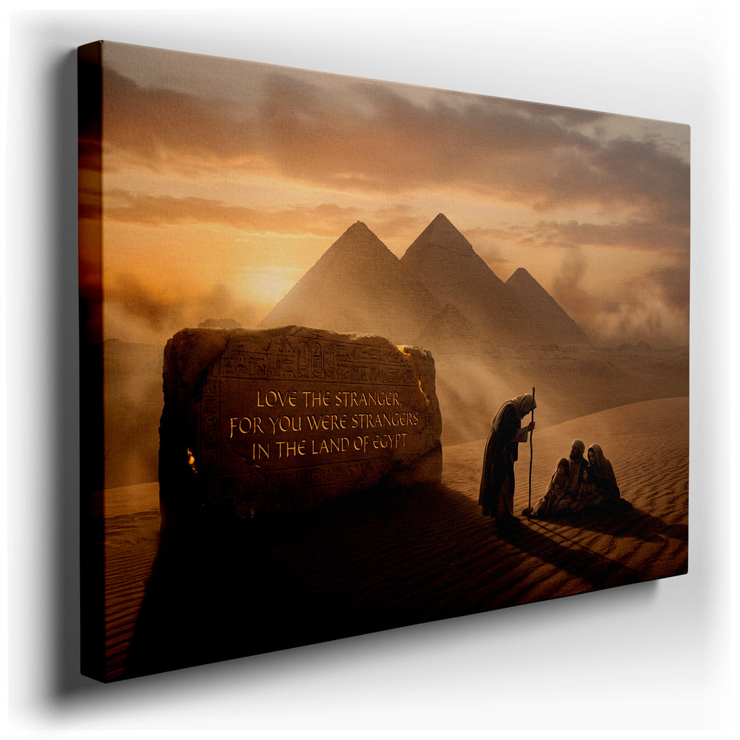 A canvas wall art piece showing a family near pyramids, with a stone inscribed 'Love the stranger' for inspirational wall decor.