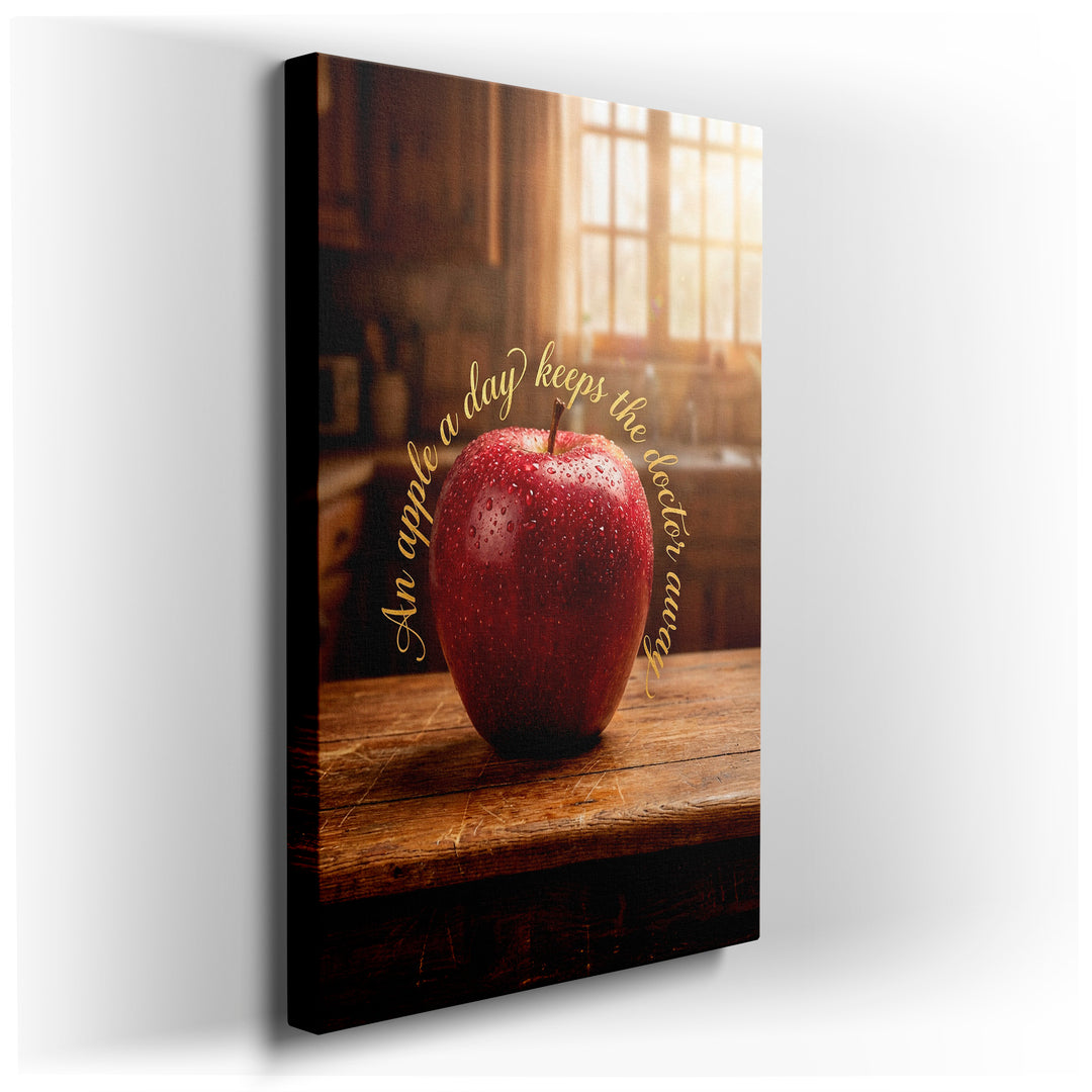 A vibrant red apple with water droplets sits on a wooden table, golden text reads 'An apple a day keeps the doctor away.'