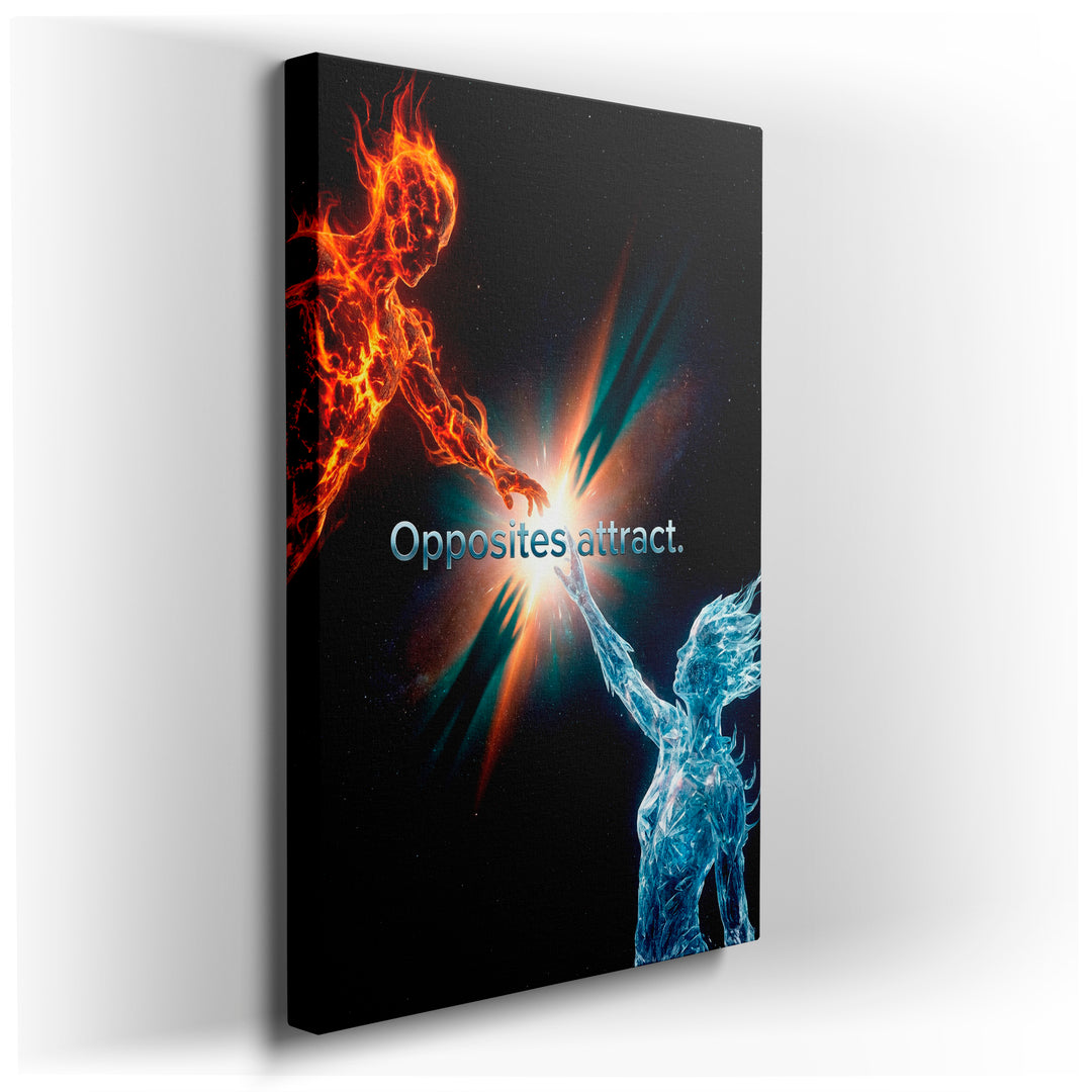 Dynamic wall art of fire and ice figures reaching towards each other, symbolizing 'Opposites Attract'.