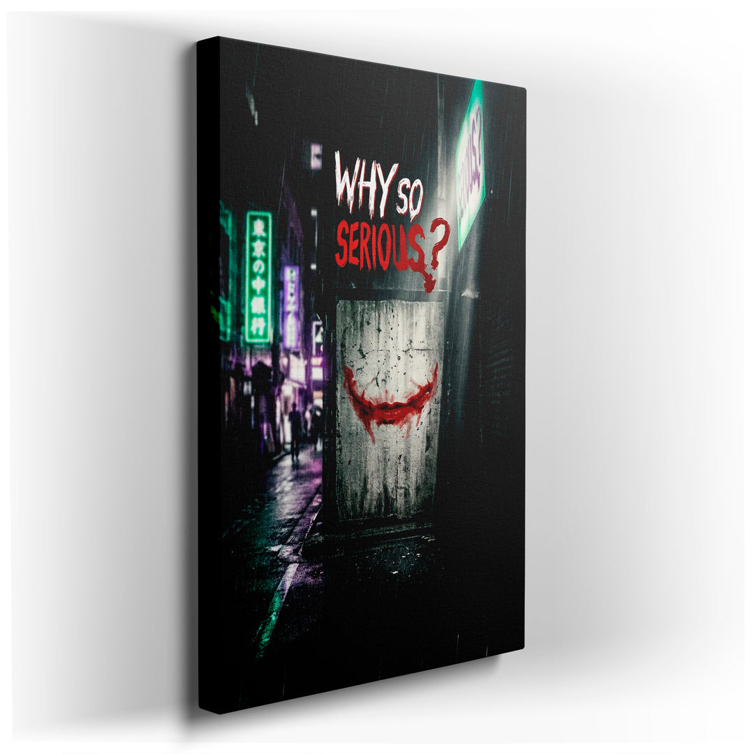 Joker graffiti-inspired wall art features a menacing smile and the phrase 'Why so serious?' on a rain-streaked urban canvas.