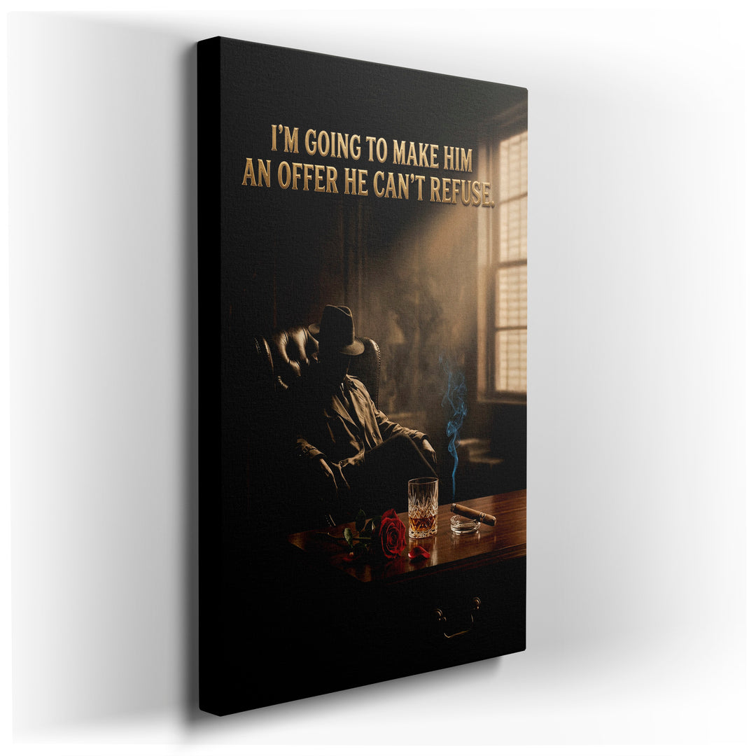 A framed canvas print showcases a cinematic scene with a memorable quote, perfect wall art for film noir enthusiasts.