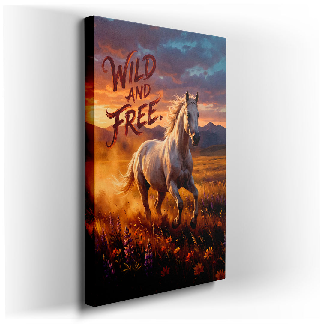 Majestic white horse runs free through a wildflower field in this inspiring canvas wall art under a vibrant sunset.