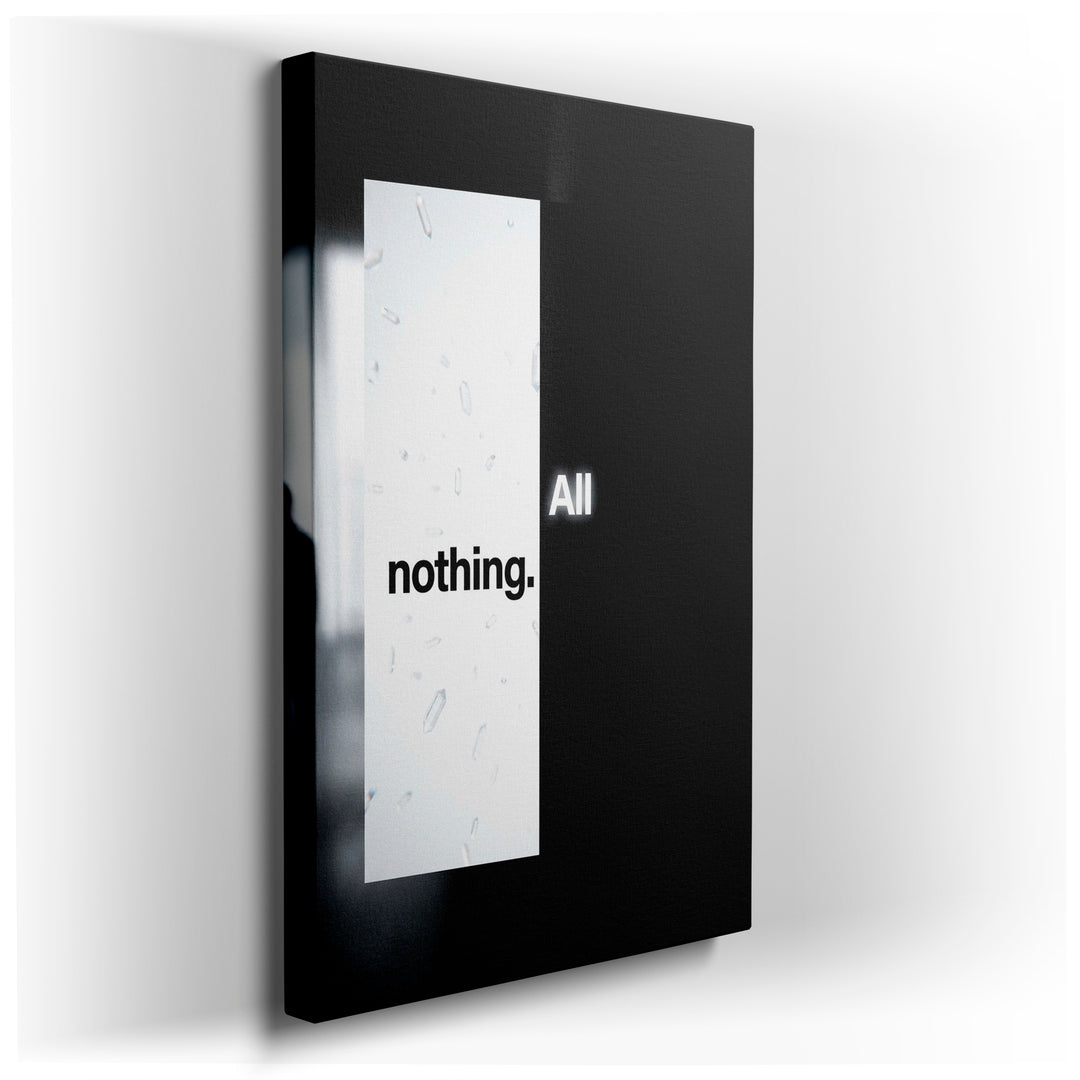 Abstract wall art featuring 'nothing' in white on a crystalline background and 'All' in white on solid black.