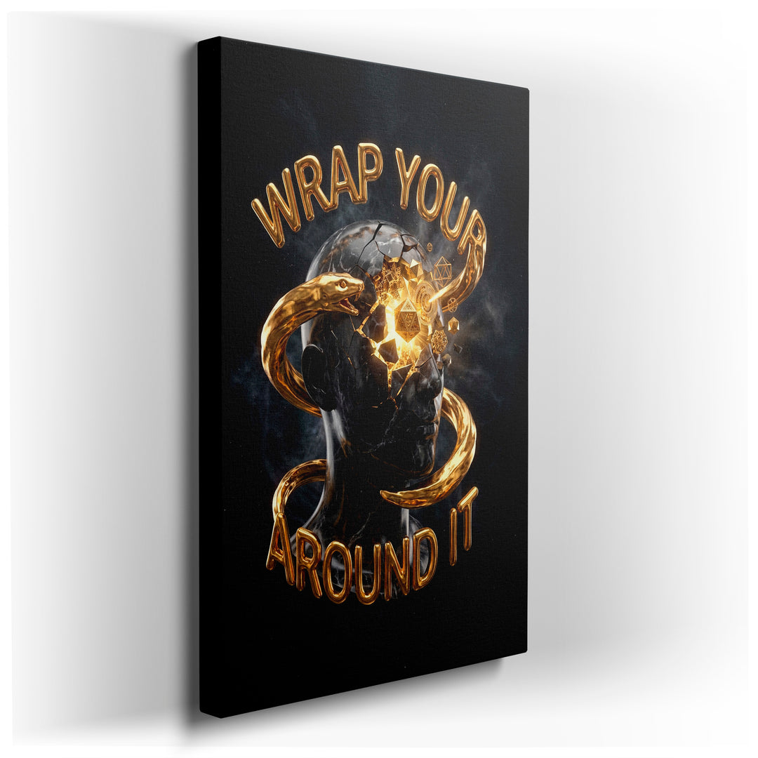 Abstract wall art featuring fractured head sculpture with golden serpent and text: 'Wrap Your Around It'.