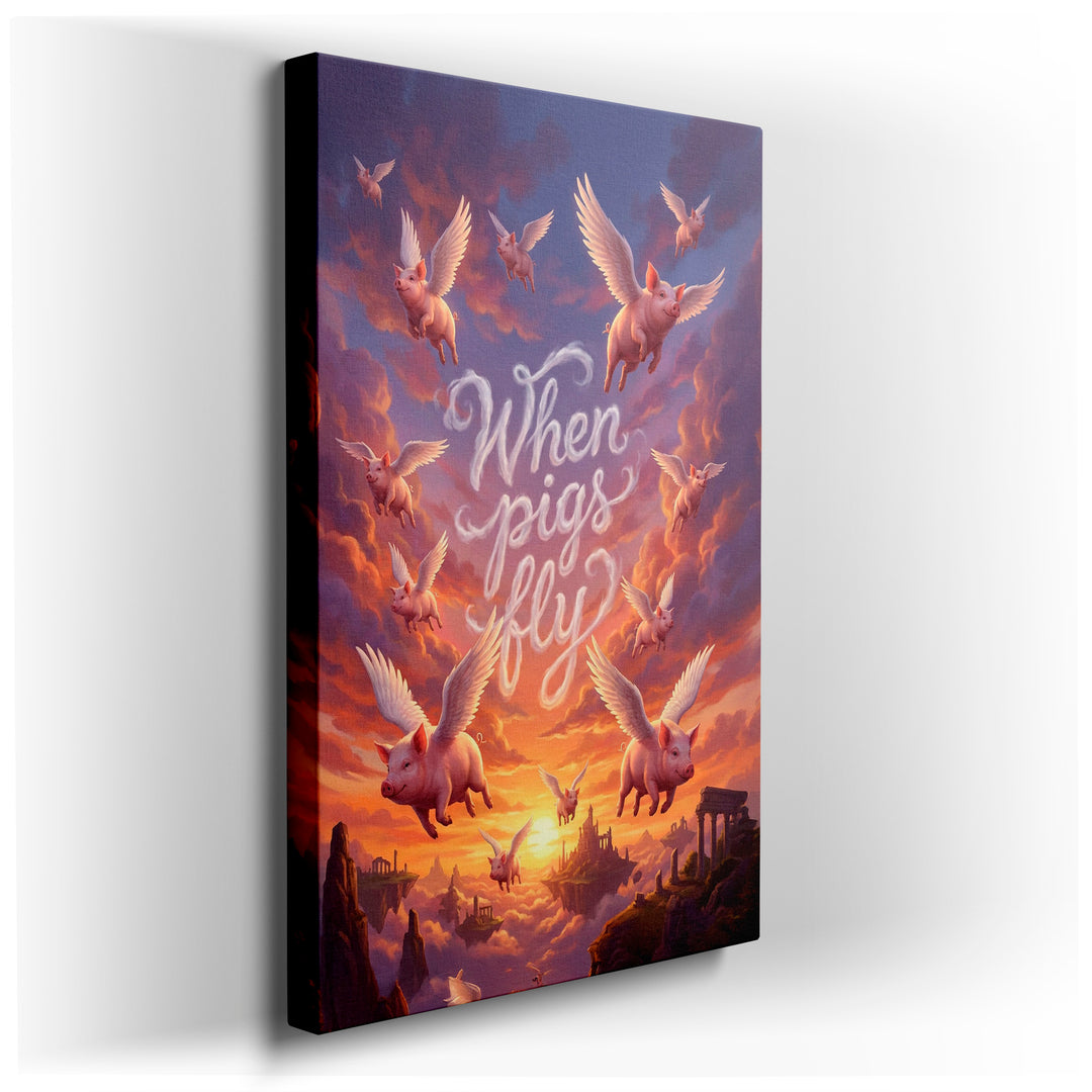 Charming wall art featuring flying pigs against a sunset sky, illustrating the phrase 'When pigs fly'.