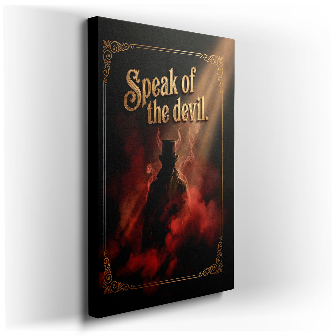 Gothic wall art featuring a shadowy figure in a top hat amidst red mist with gold border details. A unique home accent.