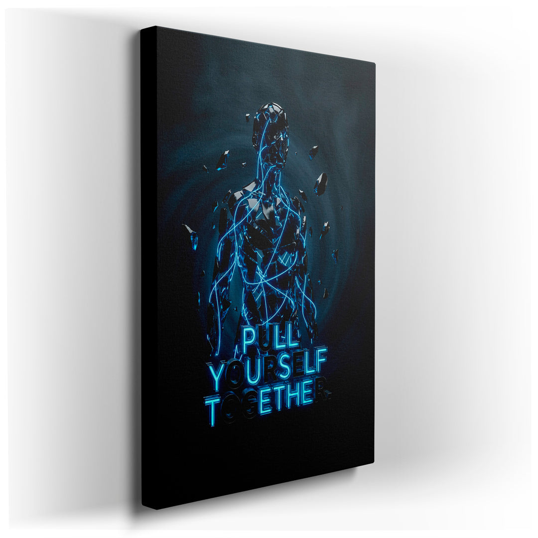 Abstract wall art featuring a fragmented figure with blue lines; a motivational piece for modern home decor.