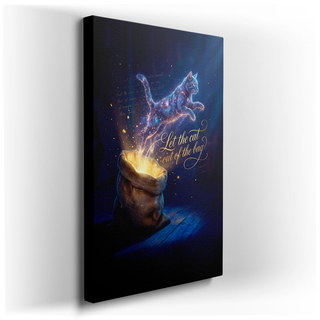 Cosmic cat leaps from a glowing sack in this fantasy wall art, creating a magical scene. This vibrant wall decor is captivating.