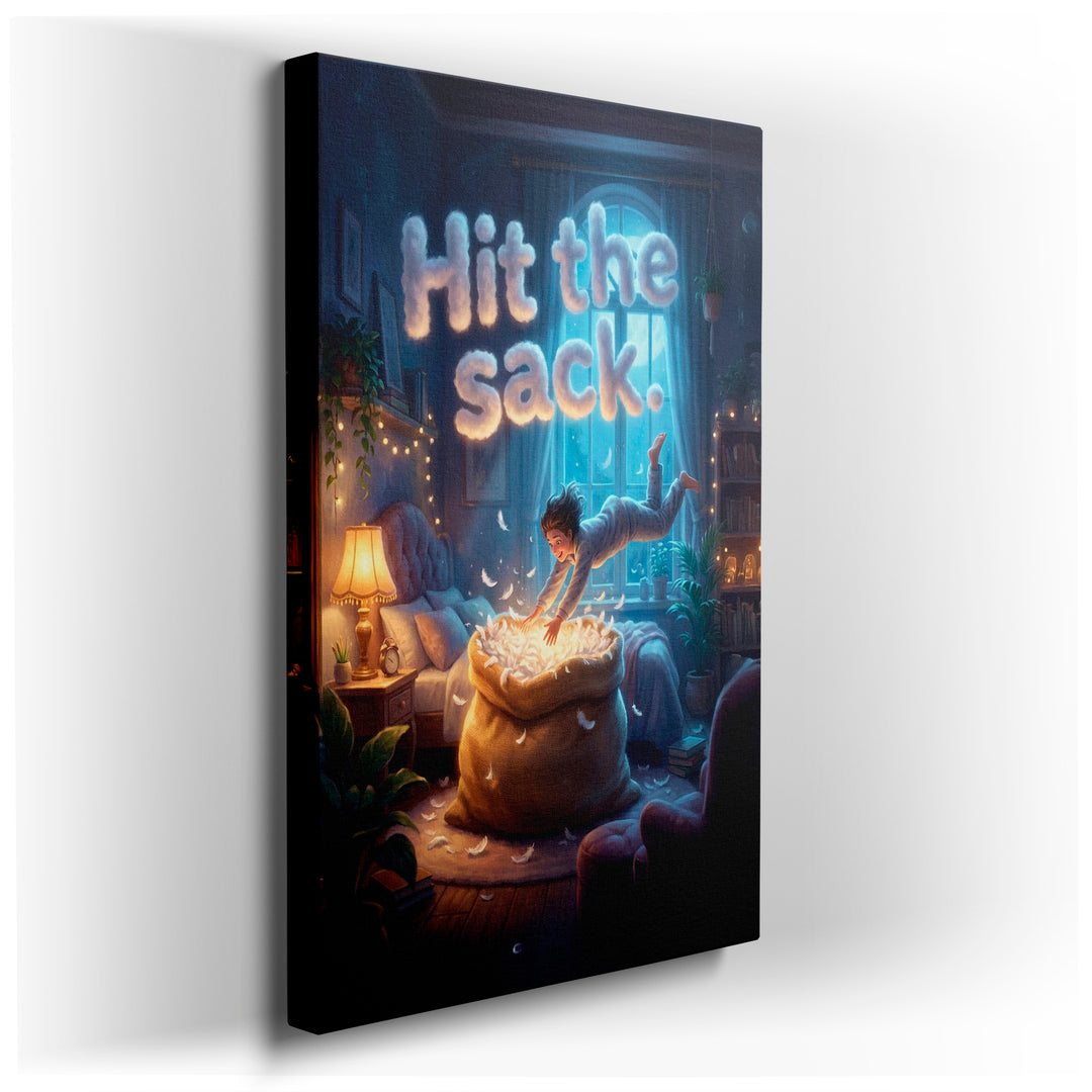 Whimsical wall art shows a person diving into a feather-filled bag in a cozy bedroom, illuminated by soft, dreamy light.