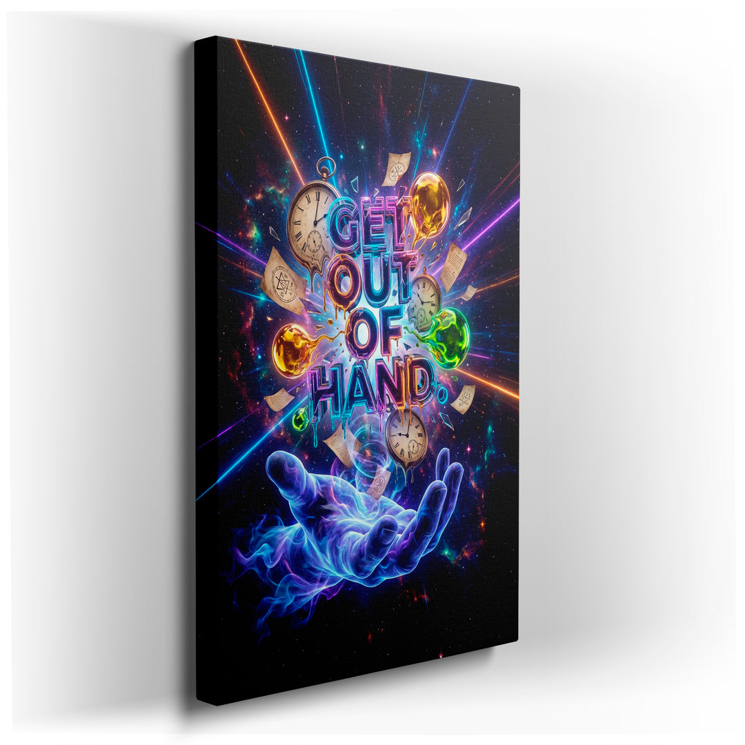 Surreal wall art featuring a hand holding melting clocks and documents in a cosmic backdrop, suitable for modern home decor.