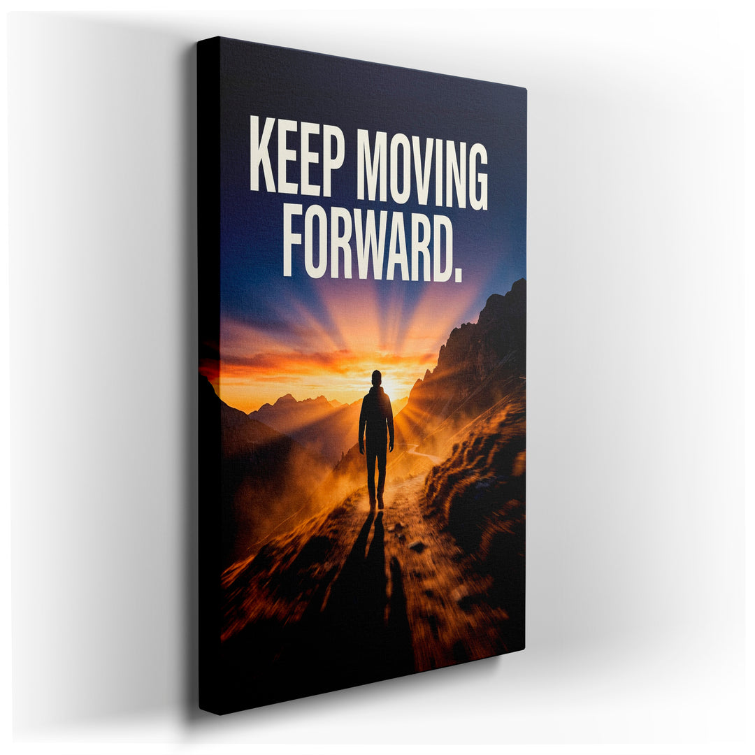 A figure walks toward a mountain sunset, conveying 'Keep Moving Forward,' as motivational landscape wall art.