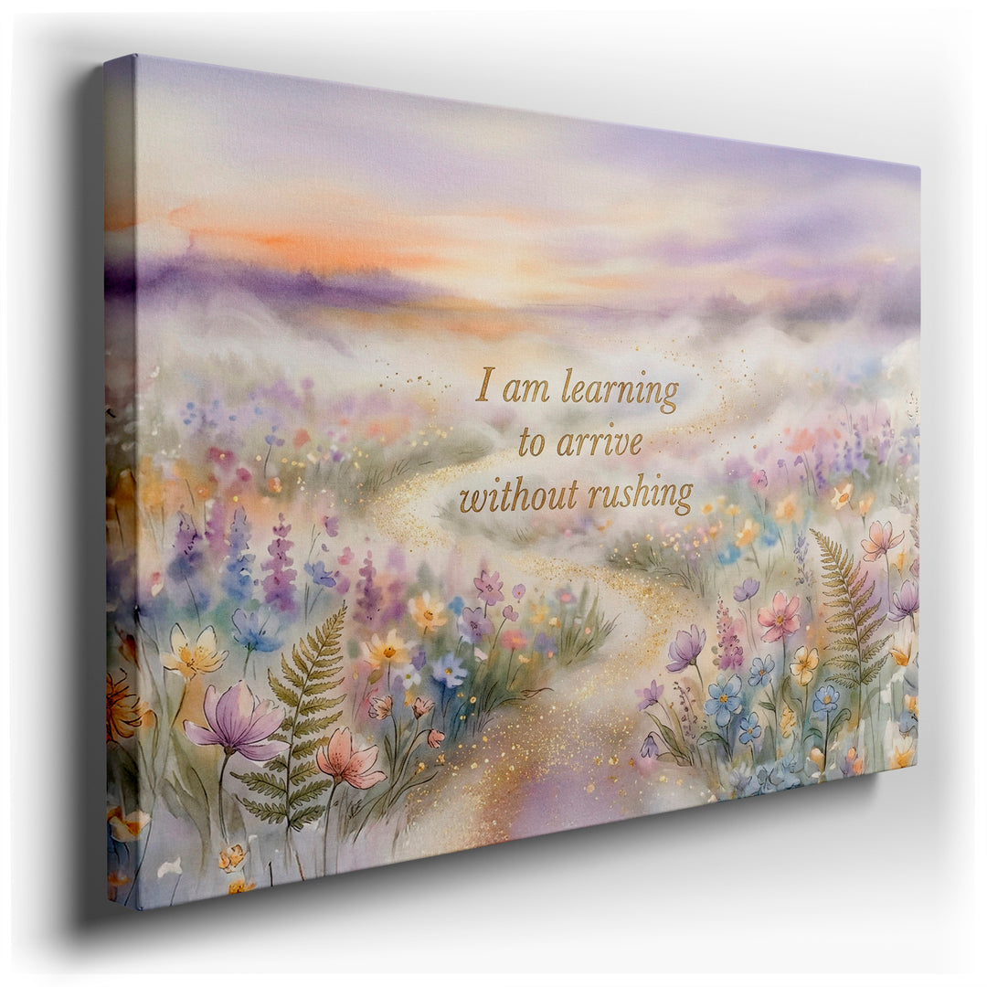 Watercolor floral meadow wall art with an inspirational quote printed on canvas for a peaceful home decor accent.