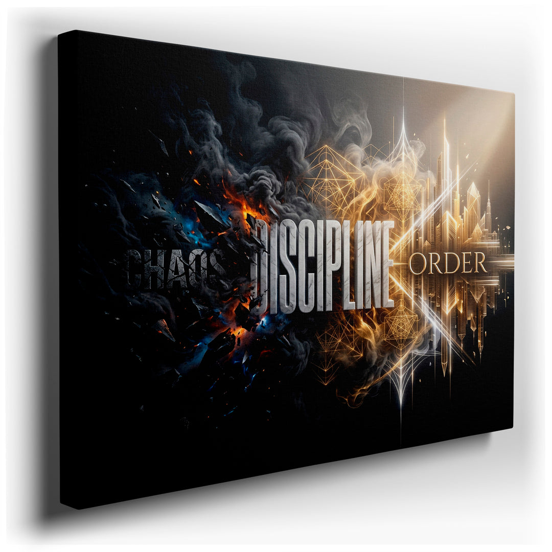 Abstract wall art depicting 'Chaos and Order,' contrasting dark, chaotic elements with bright, orderly structures.