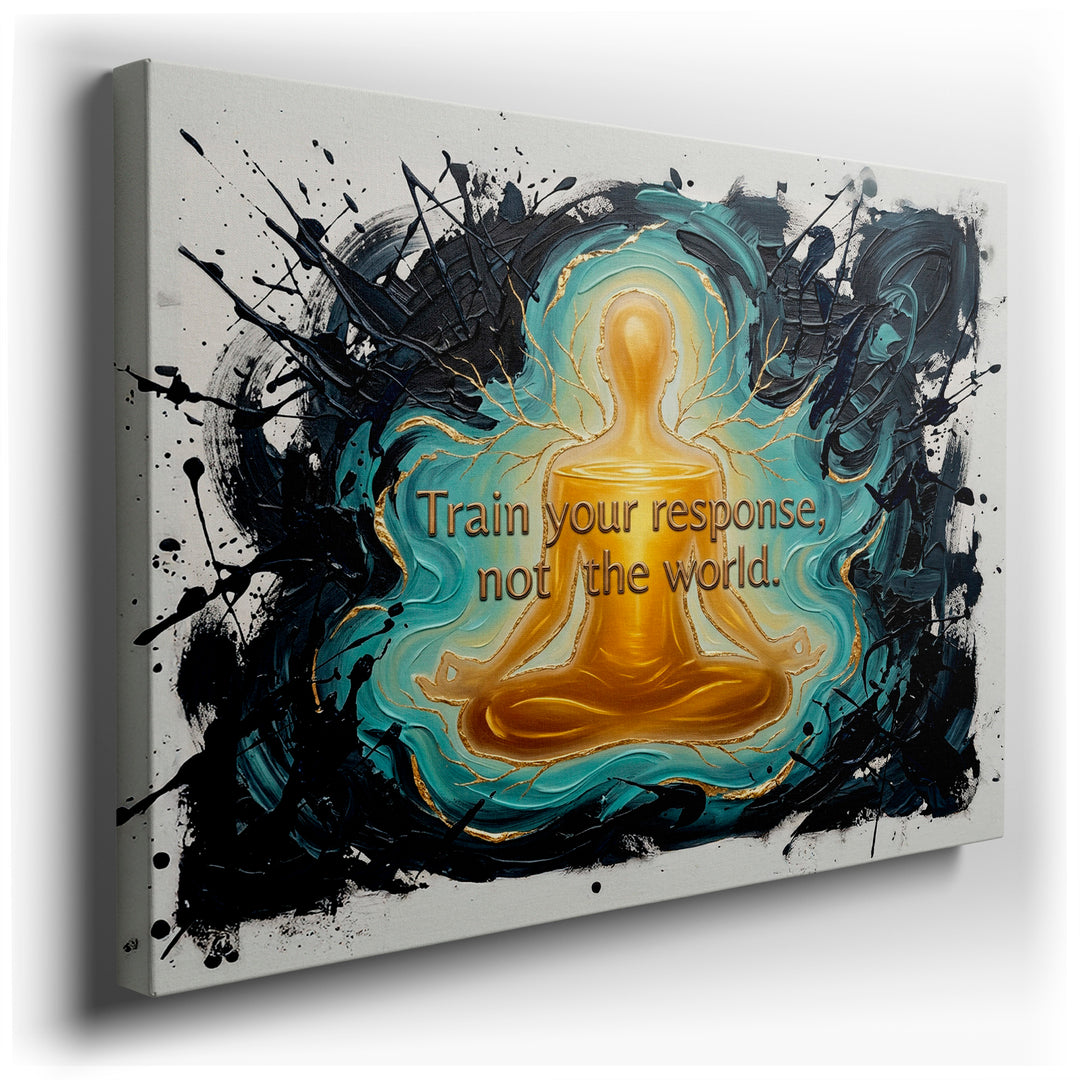 Abstract wall art features a meditating figure with 'Train Your Response' quote, blending blues, golds and blacks for mindful home decor.