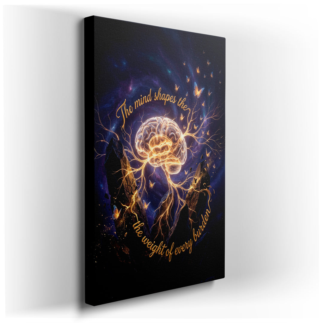 Abstract wall art depicting a glowing brain encircled by butterflies, symbolizing thought and perspective, set against a cosmic backdrop.