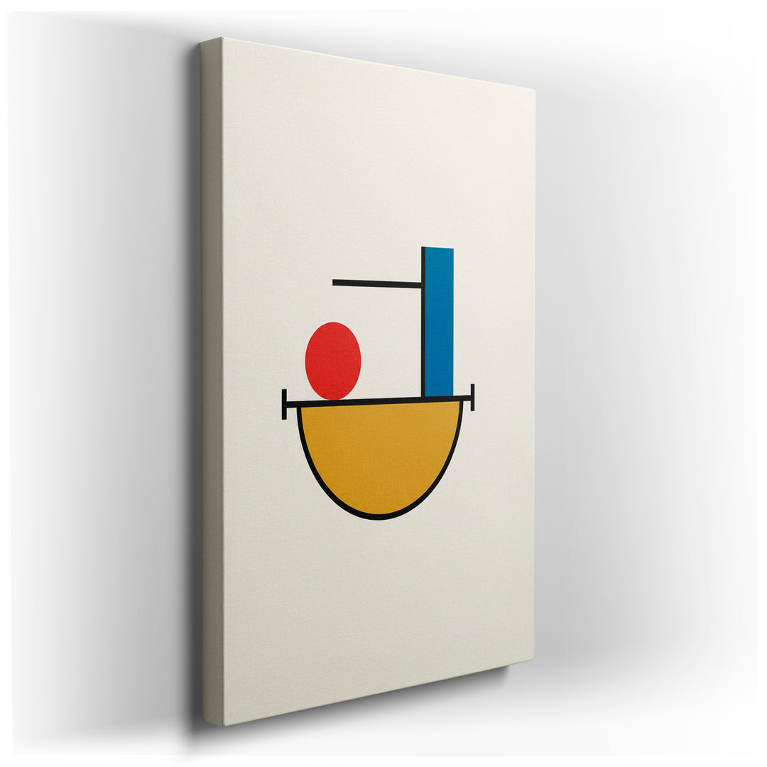 Geometric abstraction wall art featuring a red circle, blue rectangle, and yellow arc, set against a neutral background.