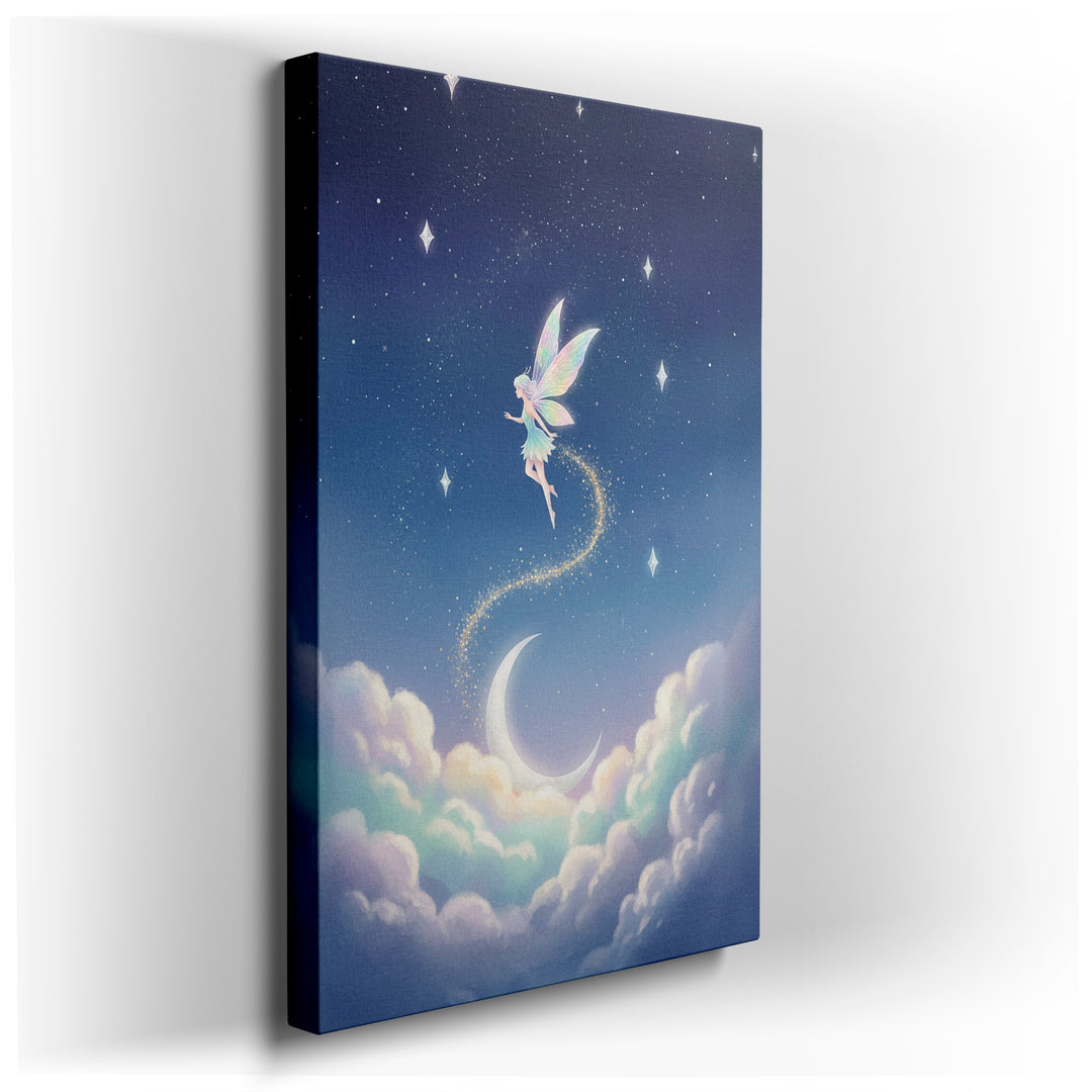 Ethereal fairy wall art depicts a fairy flying above a moon and pastel clouds against a starry night sky.